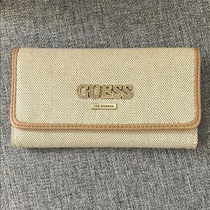 Guess Cream Wallet with Metallic Logo and Flap-Over Design
